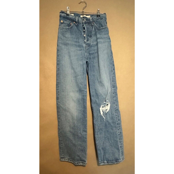 Levi's Denim - Levis Premium Ribcage Straight Jeans Womens 24 Light Blue Button Fly Distressed